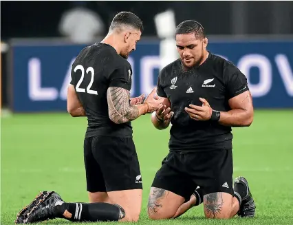  ??  ?? Sonny Bill Williams, here praying with Ofa Tuungafasi after the World Cup win over Ireland, says it’s a privilege to be part of the All Blacks backline.