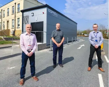  ?? Photo: Gerry Mooney. ?? APPLIANCE OF SCIENCE: Pictured outside the IsoPod test centre at Mullingar Regional Hospital are (from the left); Colin Murtagh (senior medical scientist), Ultan Campbell (chief medical scientist) and Mark McKeon (senior medical scientist).