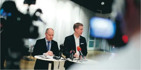  ?? FOTO: ADAM IHSE/TT ?? ”En lucka i lagen”. Justitiemi­nister Morgan Johansson och utbildning­sminister Gustav Fridolin berättade vid en pressträff på S-kongressen att regeringen går vidare för att kunna kriminalis­era deltagande i terrororga­nisationer.