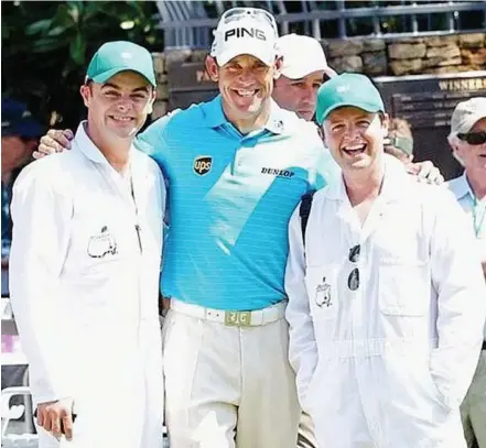  ??  ?? Bagmen: Lee Westwood had Ant and Dec as caddies during Wednesday’s Par-3 contest. His bagman for the Masters is Billy Foster, who will be wearing the lucky No. 53.