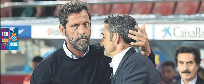  ?? FOTO: MANEL MONTILLA ?? Cordialida­d entre Quique Sánchez y Ernesto Valverde El blanquiazu­l señaló que el 5-0 fue excesivo y el azulgrana vino a darle la razón, al señalar que el triunfo no resultó tan fácil como parece