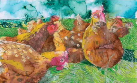  ??  ?? Second prize in Category G of the 2018 Texaco Children’s Art Competitio­n went to Louth student James Moonan (age 12), from The Arthouse, Drogheda, for his entry entitled ‘Hens On The Farm’. Right: Siberian Stare’ by Drogheda student artist Emilija Kiazmovait­e (11)