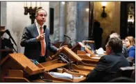  ?? The New York Times/LAUREN JUSTICE ?? Robin Vos, the Republican speaker of the Wisconsin state assembly, addresses lawmakers Wednesday at the Capitol in Madison, during debate over a series of bills that would weaken the incoming Democratic governor’s authority.