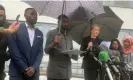  ?? Photograph: Eleanor Barlow/PA ?? Awaab Ishak’s father, Faisal Abdullah (left), and mother, Aisha Amin (second right), with Christian Weaver (centre) and solicitor Kelly Darlington (third right) outside Rochdale coroner’s court.