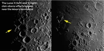  ?? ?? The Lunar X (left) and V (right) clair-obscur effects appear near the Moon’s terminator
