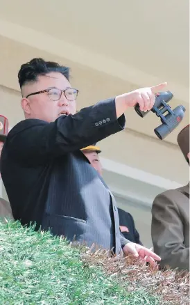  ??  ?? In this undated photo distribute­d on Friday, North Korean leader Kim Jong-un watches a military drill at an undisclose­d location.