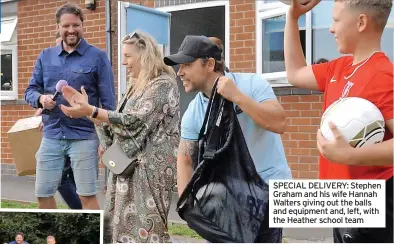  ?? ?? SPECIAL DELIVERY: Stephen Graham and his wife Hannah Walters giving out the balls and equipment and, left, with the Heather school team