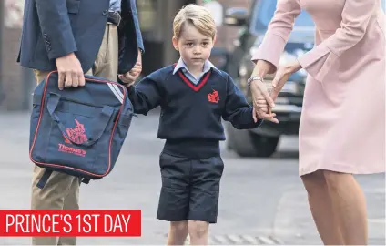  ?? Picture: Reuters ?? Helen Haslem, right, head of the lower school, and Britain’s Prince William, left, hold Prince George’s hands as he arrives for his first day of school at Thomas’s school in Battersea, London, yesterday.