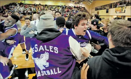  ?? THISWEEK NEWSPAPERS ?? JOSHUA A. BICKEL DeSales players and fans celebrate after beating Watterson on a three-point basket as time expired.