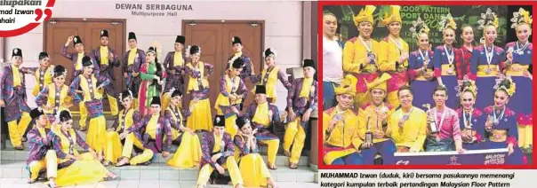  ??  ?? SENI tarian tradisiona­l menjadi sebahagian hidup Muhammad Izwan. MUHAMMAD Izwan (duduk, kiri) bersama pasukannya memenangi kategori kumpulan terbaik pertanding­an Malaysian Floor Pattern Sport Dance.