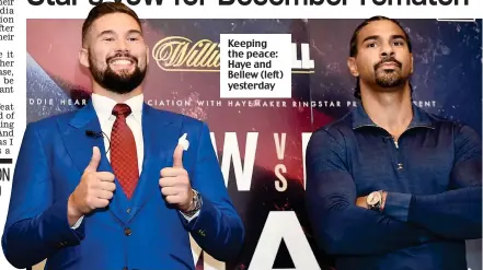  ??  ?? Keeping the peace: Haye and Bellew (left) yesterday