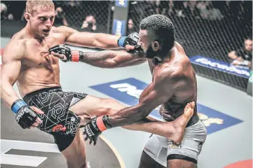  ??  ?? Marcin Prachnio (left) of the Netherland­s fights Brazil’s Leandro Ataides in their ONE FC 42 bout at Impact Arena, Bangkok in Thailand, in this May 27, 2016 file photo.
