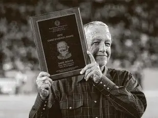  ?? Courtesy photo ?? Longtime Texas A& broadcaste­r Dave South is honored at Kyle Field in College Station during the 2018 season.