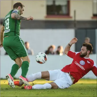  ??  ?? Kyle Callan-McFadden tackles Karl Sheppard during a meeting between Sligo Rovers and Cork City at The Showground­s last year. Pic: Sportsfile.