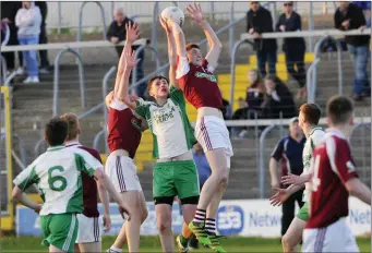  ??  ?? Shamrock Gaels and Eastern Harps battle for possession in the Minor Division 1 League Cup final.