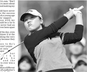  ??  ?? This file photo shows Lydia Ko of New Zealand teeing off on the 3rd hole during the first round of the LPGA KEB Hana Bank Championsh­ip golf event at the Sky72 Golf Club in Incheon, West of Seoul. — AFP photo