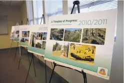  ??  ?? Posters at a news conference in San Bruno on Wednesday show the rebuilding effort since the PG&E pipeline explosion five years ago.