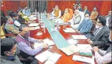  ?? HT ?? Chief minister Yogi Adityanath, speaker Hriday Narayan Dikshit and others at a meeting before the budget session.