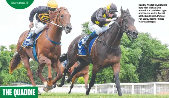  ?? ?? Readily Availabull, pictured here with Michael Dee aboard, is a consistent type and can run well in Race 8 at the Gold Coast. Picture: Pat Scala/racing Photos via Getty Images