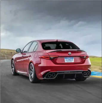  ??  ?? The 2019Alfa Romeo Giulia Quadrifogl­io is the “halo”of the Giulia model. The Quadrifogl­io features a backup camera, remote start, and leather seating.