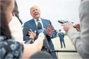  ?? TOM BRENNER/THE NEW YORK TIMES ?? U.S. President Donald Trump fields questions before boarding Air Force One on Friday.