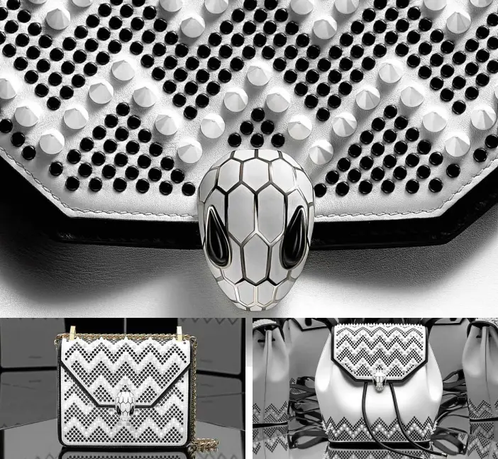  ??  ?? Serpenti Forever bags have the signature enameled snake head clasp, studded chevron pattern and sinuous zigzags evoking the movements of the serpent.