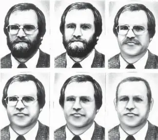  ?? CHICAGO TRIBUNE ARCHIVE ?? At top left is a photo of James Lewis from the time he was using the name Robert Richardson. The illustrati­ons that follow show how he might have looked with and without glasses and with and without facial hair.