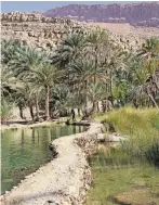  ??  ?? Das Wadi Bani Khalid ist ein üppig-grünes Paradies mit türkisfarb­enen Pools.