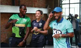  ??  ?? Jofra Archer of Southern Brave, Kate Cross of Manchester Originals and former Love Island contestant turned presenter Josh Denzel share a joke before the Hundred. Photograph: Charlie Crowhurst/Getty Images for ECB