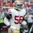  ?? DARRYL WEBB — THE ASSOCIATED PRESS ?? FILE - In this Oct. 28, 2018, file photo, San Francisco 49ers’ Reuben Foster (56) jogs on the field during the first half of an NFL football game against the Arizona Cardinals in Glendale, Ariz.