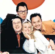  ??  ?? Slapstick: Vic Reeves and Bob Mortimer with Mark Lamarr and Ulrika Jonsson in Shooting Stars back in 1996