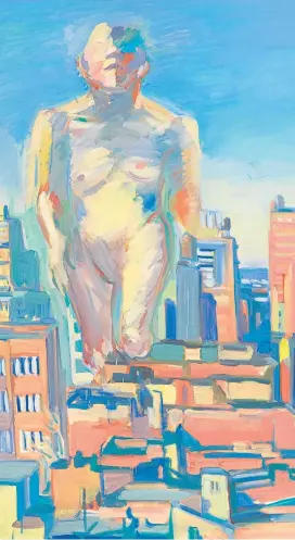  ??  ?? „Wenn man eine nachdenkli­che Frau ist, ist Feminismus nicht zu vermeiden“, meinte Maria Lassnig: „Woman Power“(1979).