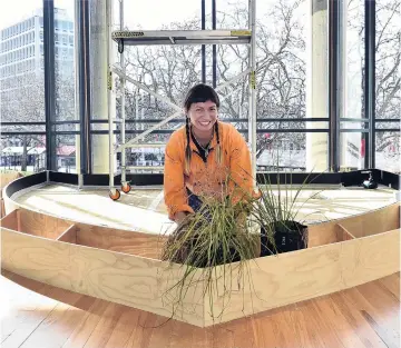  ??  ?? 3D . . . Aroha Novak works on creating her pool oasis at Dunedin Public Art Gallery.