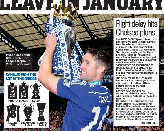  ?? GETTY IMAGES ?? Prize asset: Cahill lifts Premier the League trophy in 2015