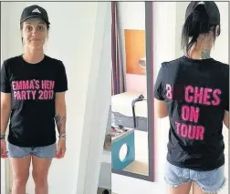  ??  ?? Bride-to-be Emma Green from Leicester wearing the ‘offensive’ t-shirt which got her and her hen party kicked off a flight from East Midlands Airport
