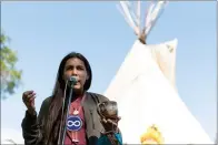  ?? CP FILE PHOTO ?? Tristen Durocher speaks in Regina on Aug. 11. The Saskatchew­an government has decided not to appeal a court ruling that sided with an Indigenous protest camp on legislatur­e grounds.