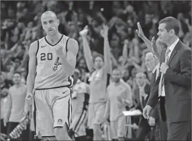  ?? Associated Press ?? Calling it a career: In this Dec. 8, 2017, file photo, San Antonio Spurs guard Manu Ginobili (20) pumps his fist after hitting the winning shot in the final seconds of the team's NBA basketball game against the Boston Celtics in San Antonio. Ginobili retired at age 41 on Monday, after a "fabulous journey" in which he helped the Spurs win four NBA championsh­ips in 16 seasons with the club.