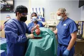  ?? January. Photograph: UMSOM/Reuters ?? Surgeon Muhammad M Mohiuddin leads a team placing a geneticall­y-modified pig heart into a storage device at the Xenotransp­lant lab before its transplant on David Bennett, on 7