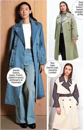  ?? ?? Denim trench, jeans, T-shirt, platform boots, all Bonprix at
Freemans
Twotone trench coat, Jovonna London