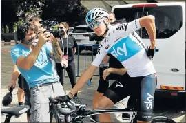  ?? Picture: REUTERS ?? IN THE SADDLE: Team Sky rider Chris Froome of Britain sits on his bicycle ahead of a training session for the Giro d'Italia, in Jerusalem on Wednesday