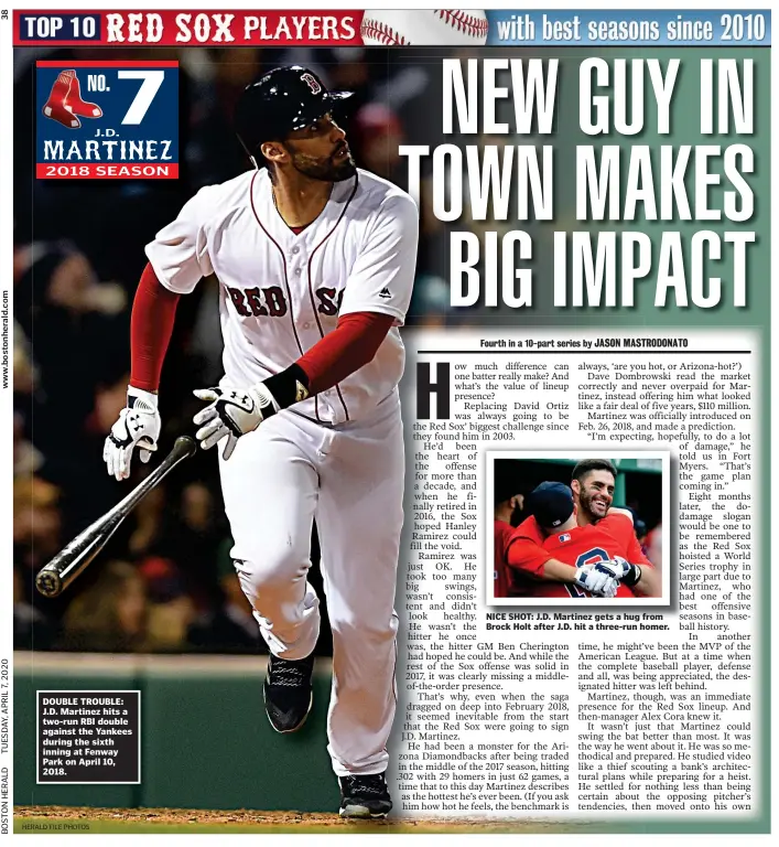  ??  ?? DOUBLE TROUBLE: J.D. Martinez hits a two-run RBI double against the Yankees during the sixth inning at Fenway Park on April 10, 2018.