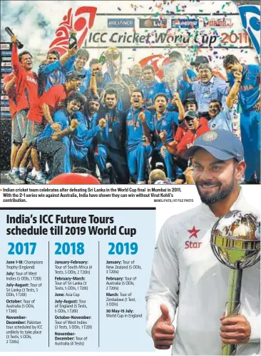  ?? MANOJ PATIL/ HT FILE PHOTO ?? Indian cricket team celebrates after defeating Sri Lanka in the World Cup final in Mumbai in 2011. With the 21 series win against Australia, India have shown they can win without Virat Kohli’s contributi­on.