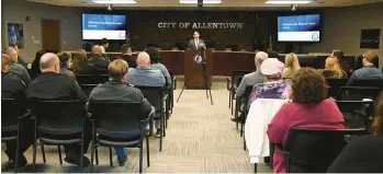  ?? AMY SHORTELL/THE MORNING CALL ?? Allentown Mayor Matt Tuerk presents his proposed 2024 budget at a news conference Monday at Allentown City Hall.