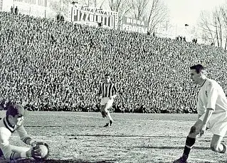  ?? ?? In biancoscud­ato Padova-Juventus 1-1 allo stadio Appiani, Kurt Hamrin impegna Mattrel