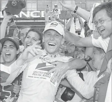  ?? Christophe Ena Associated Press ?? CYCLIST Lance Armstrong is mobbed after 2001 Tour de France victory. He won seven Tours but was stripped of titles after USADA report said he led “most sophistica­ted ...doping program that sport has ever seen.”