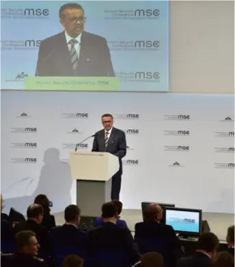  ??  ?? World Health Organizati­on Director General Tedros Adhanom Ghebreyesu­s addresses the Munich Security Conference in Germany on February 15, where he applauded Chinese response to the novel coronaviru­s epidemic