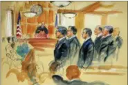  ?? DANA VERKOUTERE­N VIA ASSOCIATED PRESS ?? A courtroom sketch depicts Paul Manafort, fourth from right, standing with his lawyers in front of U.S. district Judge T.S. Ellis III, center rear, and the selected jury, seated left, during the jury selection for his trial at the Alexandria Federal Courthouse in Alexandria, Va., on Tuesday.