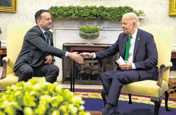  ?? Photo: PA ?? Taoiseach Leo Varadkar with US president Joe Biden in the Oval Office ahead of St Patrick’s Day celebratio­ns.