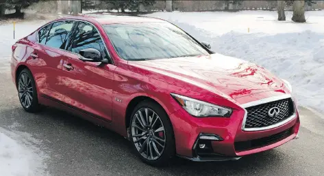  ?? PHOTOS: GRAEME FLETCHER/DRIVING ?? The 2018 Infiniti Q50 Red Sport 400 looks fast and backs it up, going from 0-100 km/h in about five seconds.