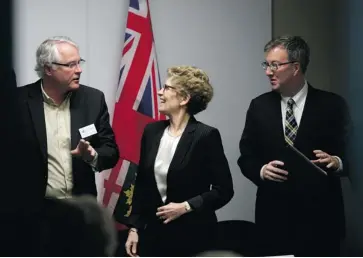  ?? JASON PRUPAS/ OTTAWA CITIZEN ?? Premier Kathleen Wynne meets with Invest Ottawa CEO Bruce Lazenby, left, and Ottawa Mayor Jim Watson Friday at Ross Video in Ottawa. She was in the capital for a jobs roundtable with leaders of the city’s technology sector.